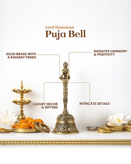 Traditional Brass Pooja Bell with Hanuman Idol for Home Temple
