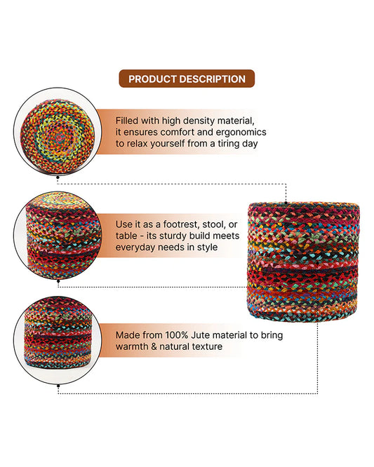 Handwoven Jute Round Pouffe in Multicolor for Living Room - Large