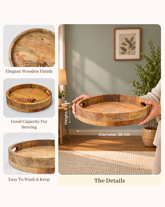 Round Wooden Serving Tray with Handles for Home Dining and Kitchen