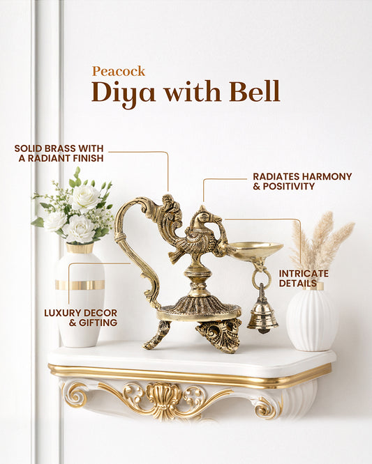 Brass Oil Lamp Peacock Diya with Bell for Pooja and Home Decor