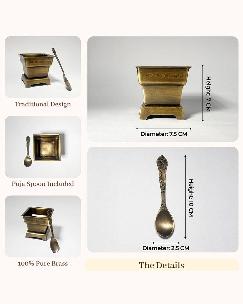 100% Pure Brass Hawan Kund with Spoon for Pooja Hawan and Home Mandir
