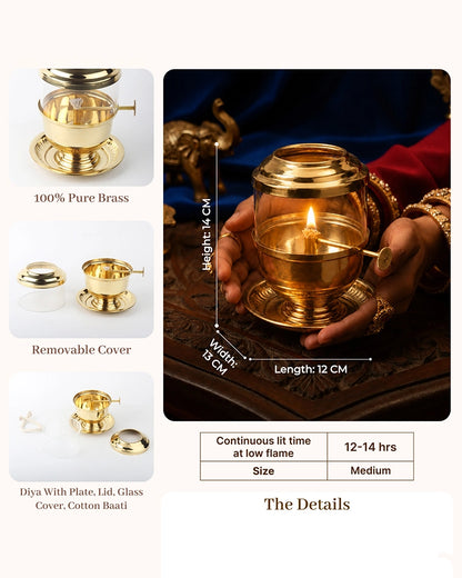 100% Pure Brass Akhand Jyot Diya with Adjustable Bati Knob with Glass Cover