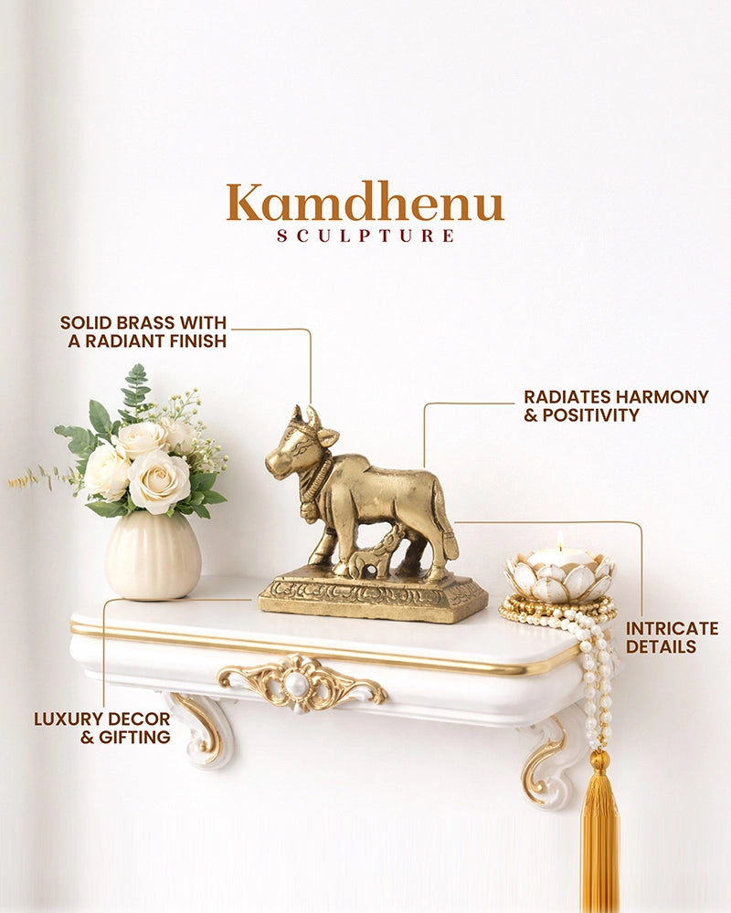 Brass Kamdhenu Idol for Home Temple, Spiritual Decor, and Showpiece