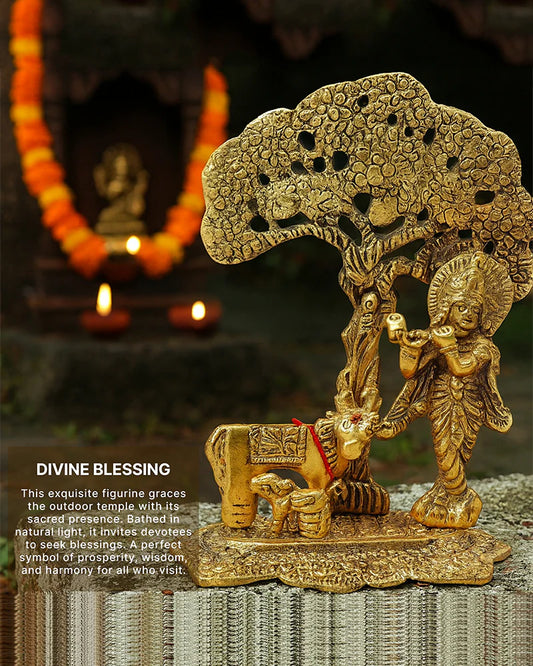 Krishna Idol with Cow and Calf Under Tree, Flute-Playing Lord Krishna Statue for Home Decor