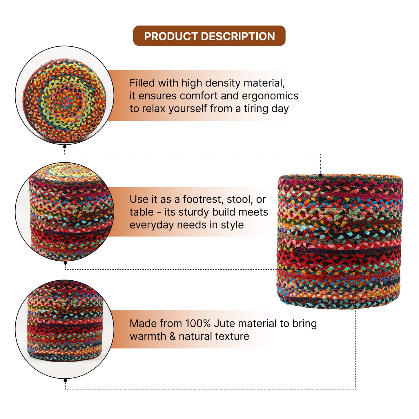 Handwoven Jute Round Pouffe in Multicolor for Living Room - Large