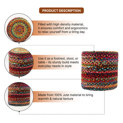 Handwoven Jute Round Pouffe in Multicolor for Living Room - Large