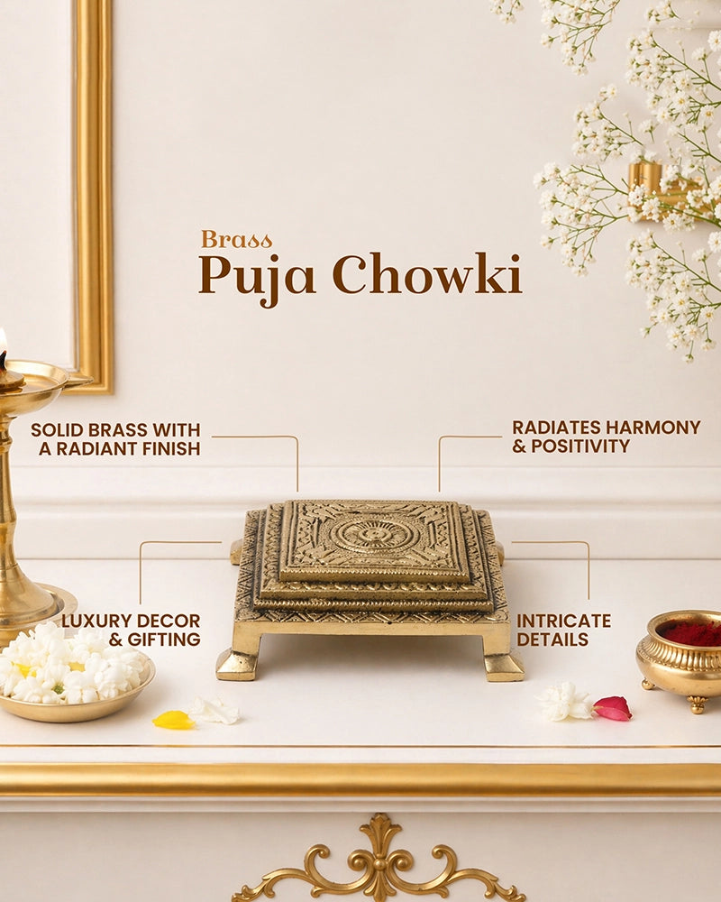 Brass Pooja Chowki Om Design Bajot for Home Temple Puja