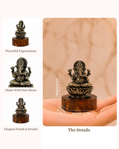 100% Pure Brass Ganesh Ji Idol with Wooden Chowki for Car Dashboard