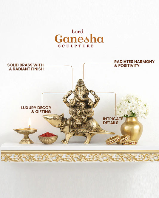 Pure Brass Ganesha Sitting on Mushak for Prosperity and Blessings