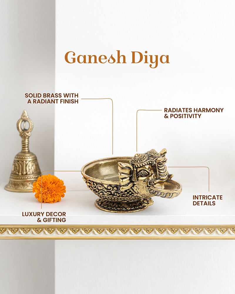Handcrafted Ganesha Brass Oil Lamp for Aarti and Festive Worship