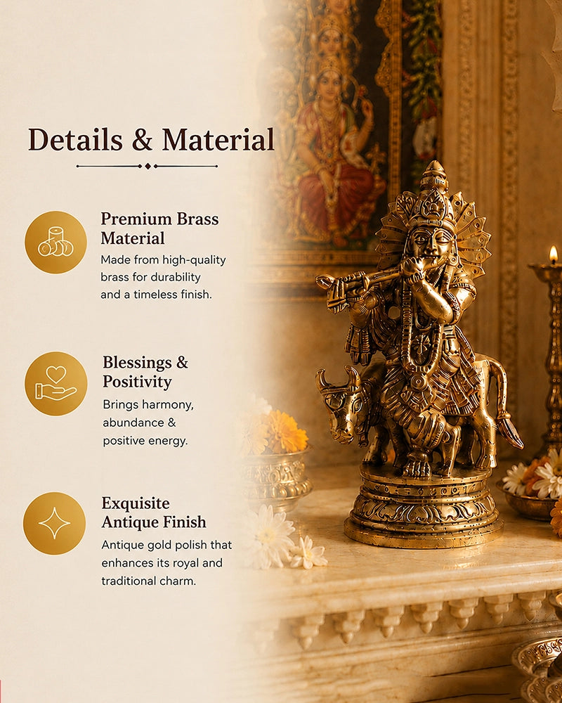 Lord Krishna Playing Flute with Cow Brass Idol