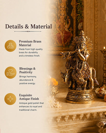 Lord Krishna Playing Flute with Cow Brass Idol