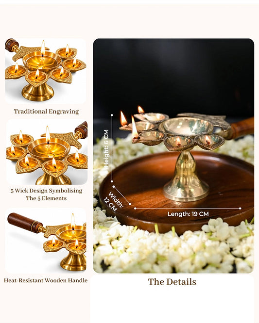 100% Pure Brass Panchdeep Aarti Diya for Pooja Room, Spiritual Puja