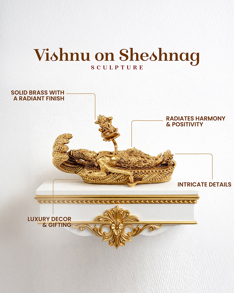 Lord Vishnu Brass Idol on Sheshnag with Shivling and Brahma ji for Pooja