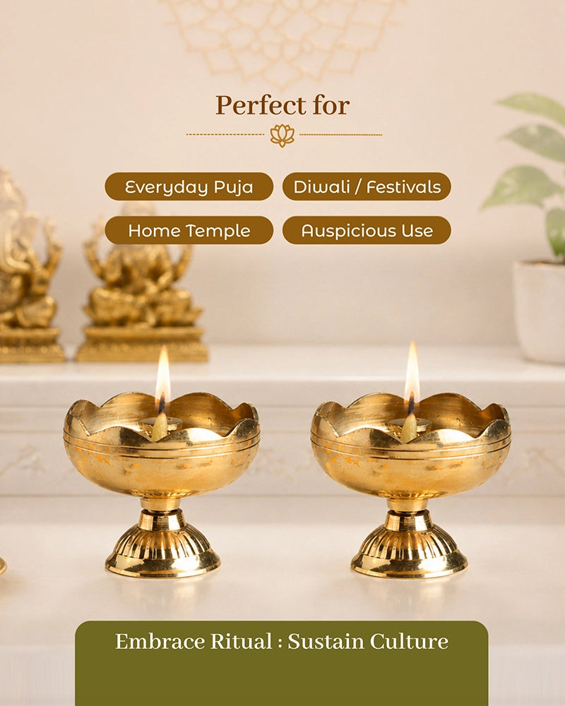 Traditional Brass Diya Set of 2 Pooja Room Decor (Gold)