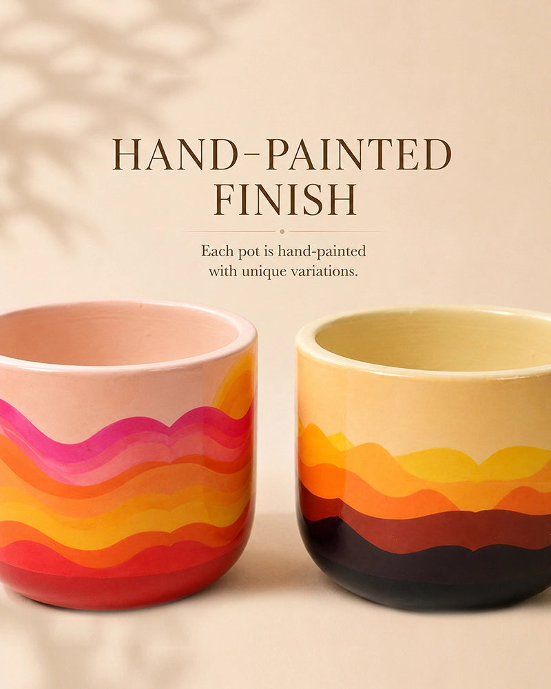 Sunset Wave Hand Painted Terracotta Planter Set of 2 (Multicolour)