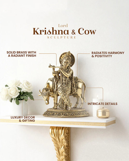 Traditional Krishna Ji Brass Idol with Cow for Festivals and Home Decoration