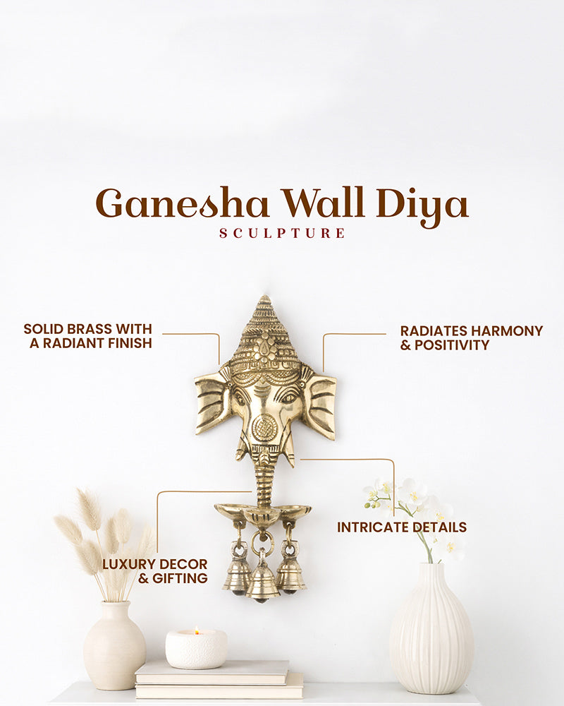 Ganesha Brass Wall Decor with Hanging Diyas and Bells for Mandir and Home