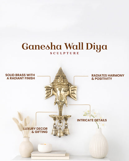 Ganesha Brass Wall Decor with Hanging Diyas and Bells for Mandir and Home