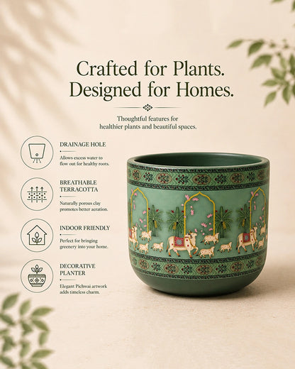 Hand Painted Pichwai Cow Motif Terracotta Plant Pot (Green)