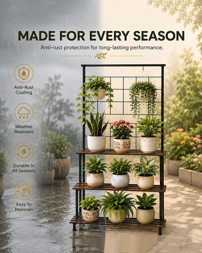 3 Tier Plant Stand with Trellis & Hanging Rod Anti Rust (Black & Brown