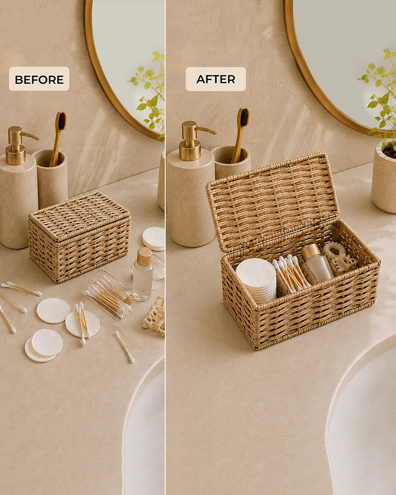 Handwoven Storage Box with Lid for Wardrobe & Bathroom Storage