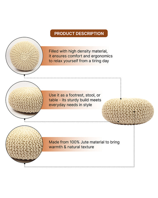 Handwoven Jute Round Pouffe in White for Living Room and Bedroom