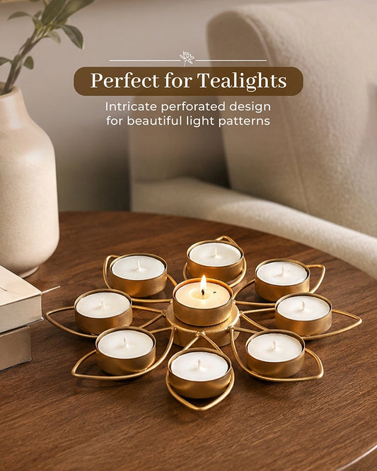 Gold Lotus Flower Tea Light Holder for Living Room and Pooja Room