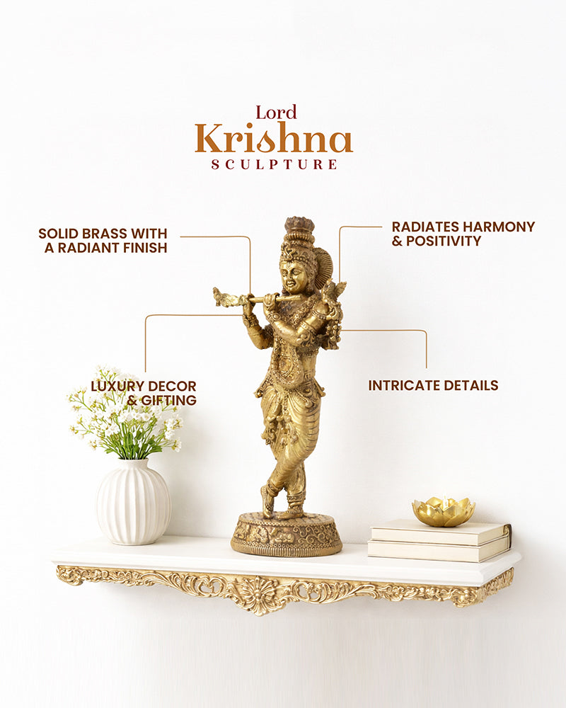 Pure Brass Krishna with Flute Idol for Home Temple and Pooja Room