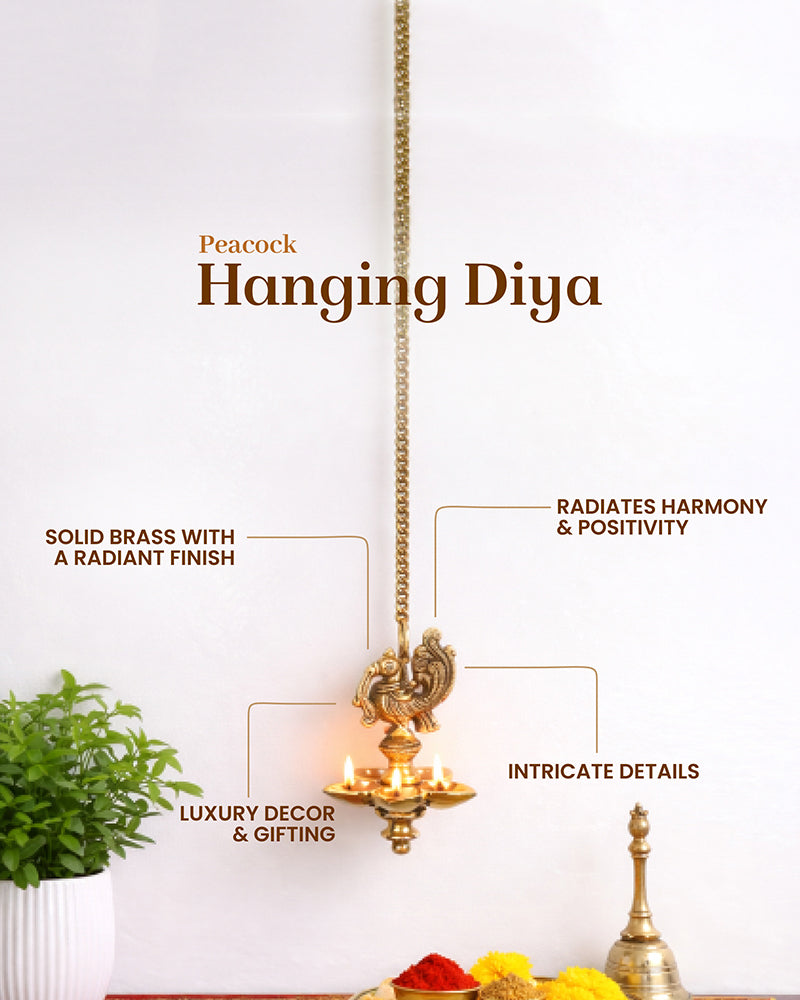 Brass Hanging Diya with Peacock Design for Pooja and Home Decoration