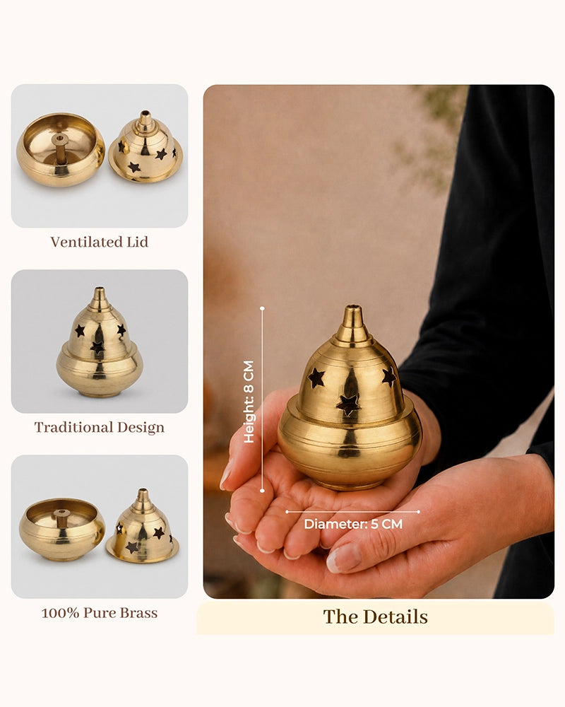 100% Pure Brass Akhand Diya with Star-Cut Dome Lid