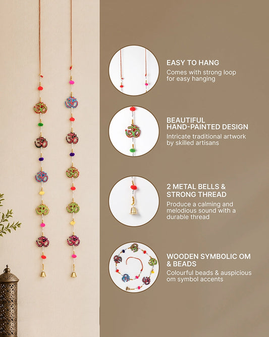 Om Symbol Wall Hanging with Pom Poms and Bells for Home Decoration