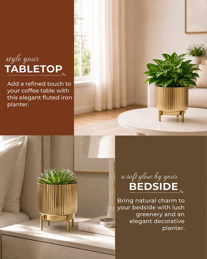 Hancrafted Fluted Metal Plant Pot with Stand for Living Room & Home Décor