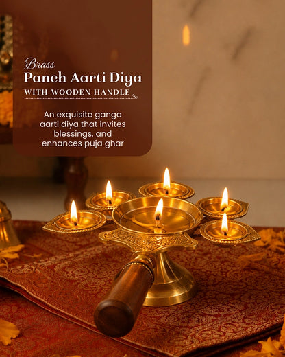 100% Pure Brass Panchdeep Aarti Diya for Pooja Room, Spiritual Puja
