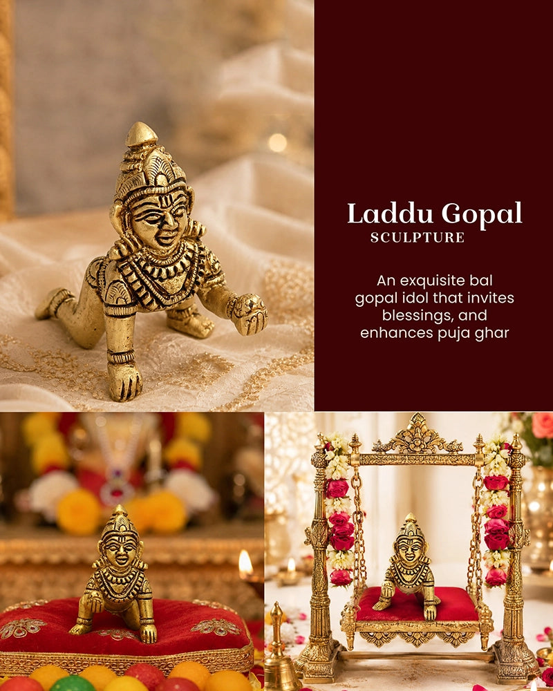 Pure Brass Laddu Gopal Idol for Home Temple and Spiritual Puja