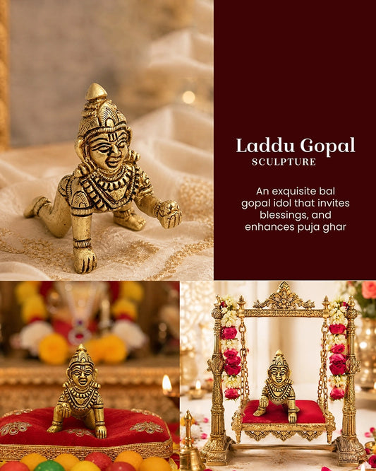 Pure Brass Laddu Gopal Idol for Home Temple and Spiritual Puja