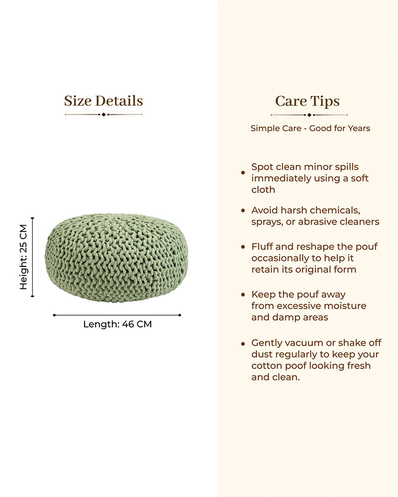 Hand Knitted Sage Green Cotton Pouf Chunky Knit Round Ottoman Footrest