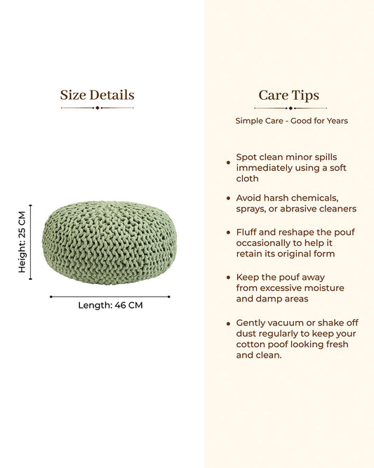 Hand Knitted Sage Green Cotton Pouf Chunky Knit Round Ottoman Footrest