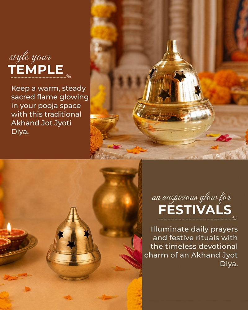 100% Pure Brass Akhand Diya with Star-Cut Dome Lid