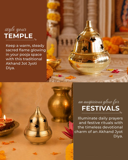 100% Pure Brass Akhand Diya with Star-Cut Dome Lid
