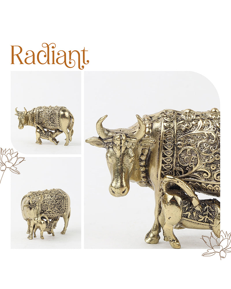Pure Brass Kamdhenu Cow with Calf Idol for Home Temple and Pooja Room