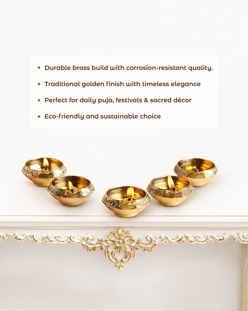 100% Pure Brass Diya for Pooja Diwali Festival Home Décor, Set of 5