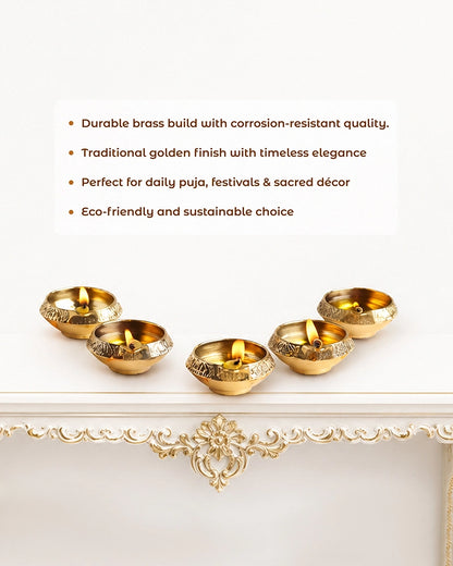 100% Pure Brass Diya for Pooja Diwali Festival Home Décor, Set of 5
