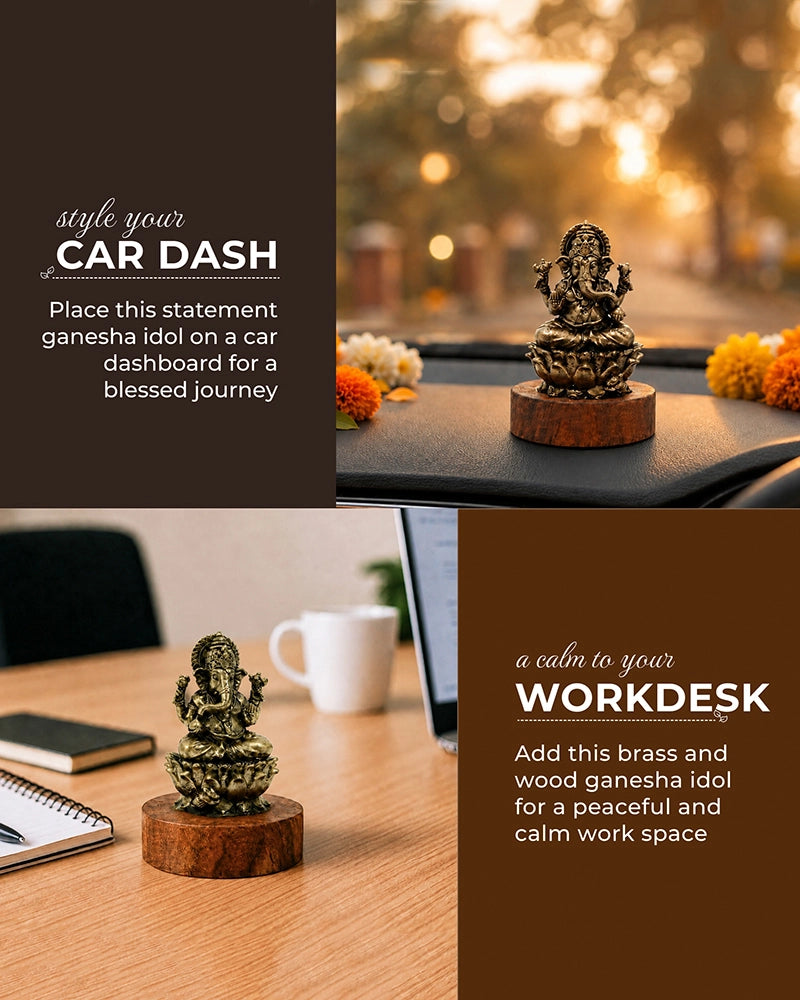 100% Pure Brass Ganesh Ji Idol with Wooden Chowki for Car Dashboard