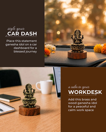 100% Pure Brass Ganesh Ji Idol with Wooden Chowki for Car Dashboard