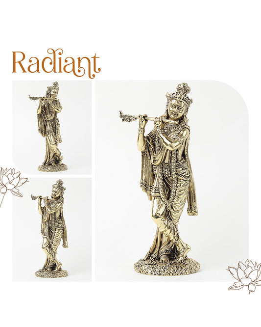 Traditional Krishna Brass Idol Playing Flute for Pooja Needs and Home Decoration