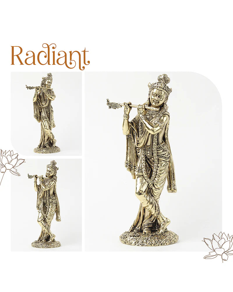 Traditional Krishna Brass Idol Playing Flute for Pooja Needs and Home Decoration