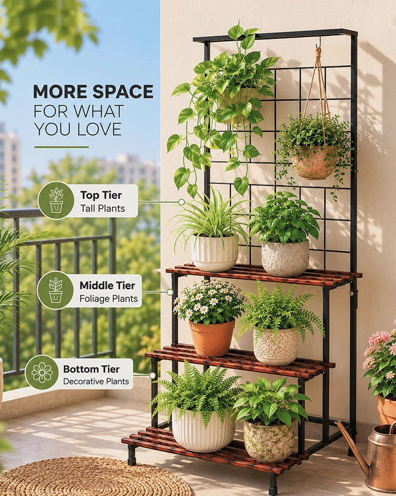 3 Tier Plant Stand with Trellis & Hanging Rod Anti Rust (Black & Brown