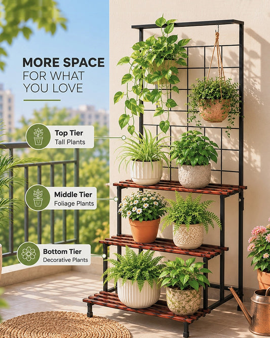 3 Tier Plant Stand with Trellis & Hanging Rod Anti Rust (Black & Brown
