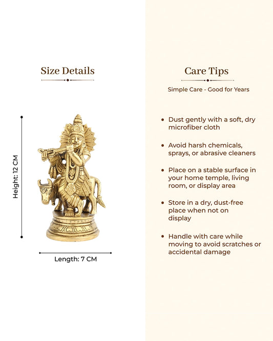 Lord Krishna Playing Flute with Cow Brass Idol